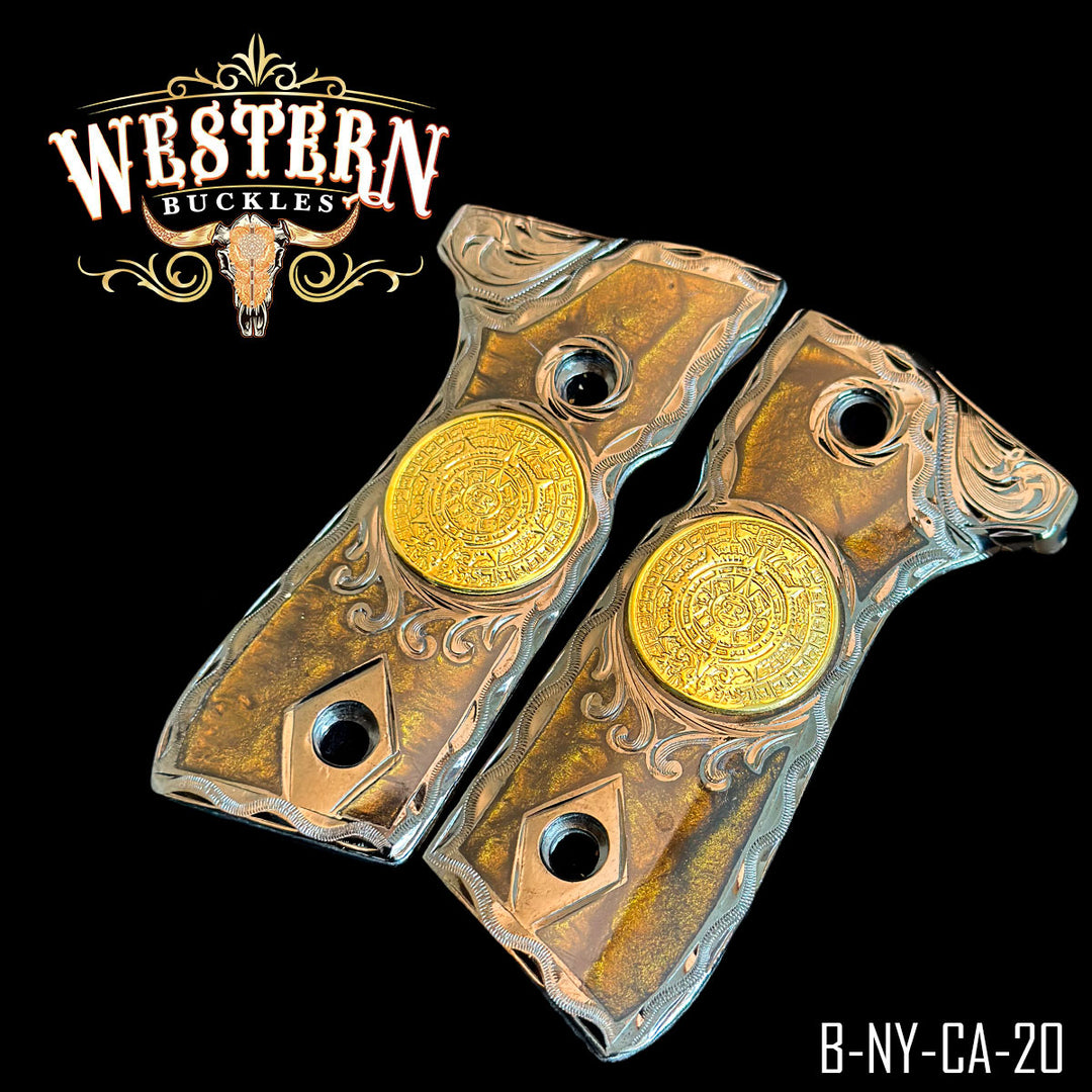 Beretta 92FS Aztec Calendar Cachas — Artisan Resin — Detail View | Western Buckles Handcrafted | SKU B-NY-CA-20