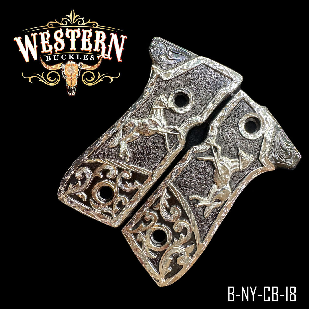 Beretta 92FS Horse Gun Grips — .925 Silver Plated — Detail View | Western Buckles Handcrafted | SKU B-NY-CB-18
