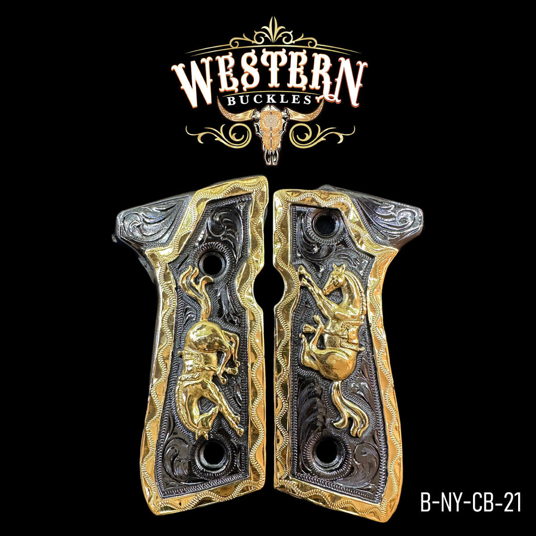 Beretta 92FS Horse Gun Grips — 24K Gold Plated & Nickel | Handcrafted by Western Buckles | SKU B-NY-CB-21