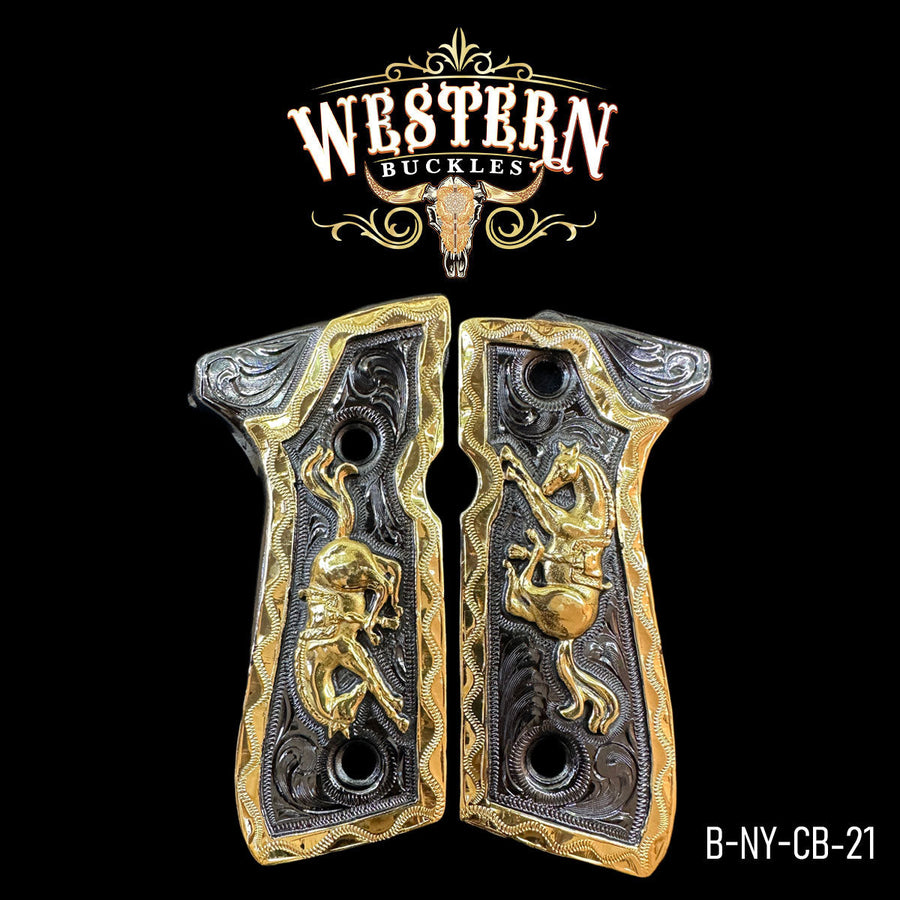 Horse Custom Grips for Beretta 92FS — 24K Gold-Plated & Black Nickel