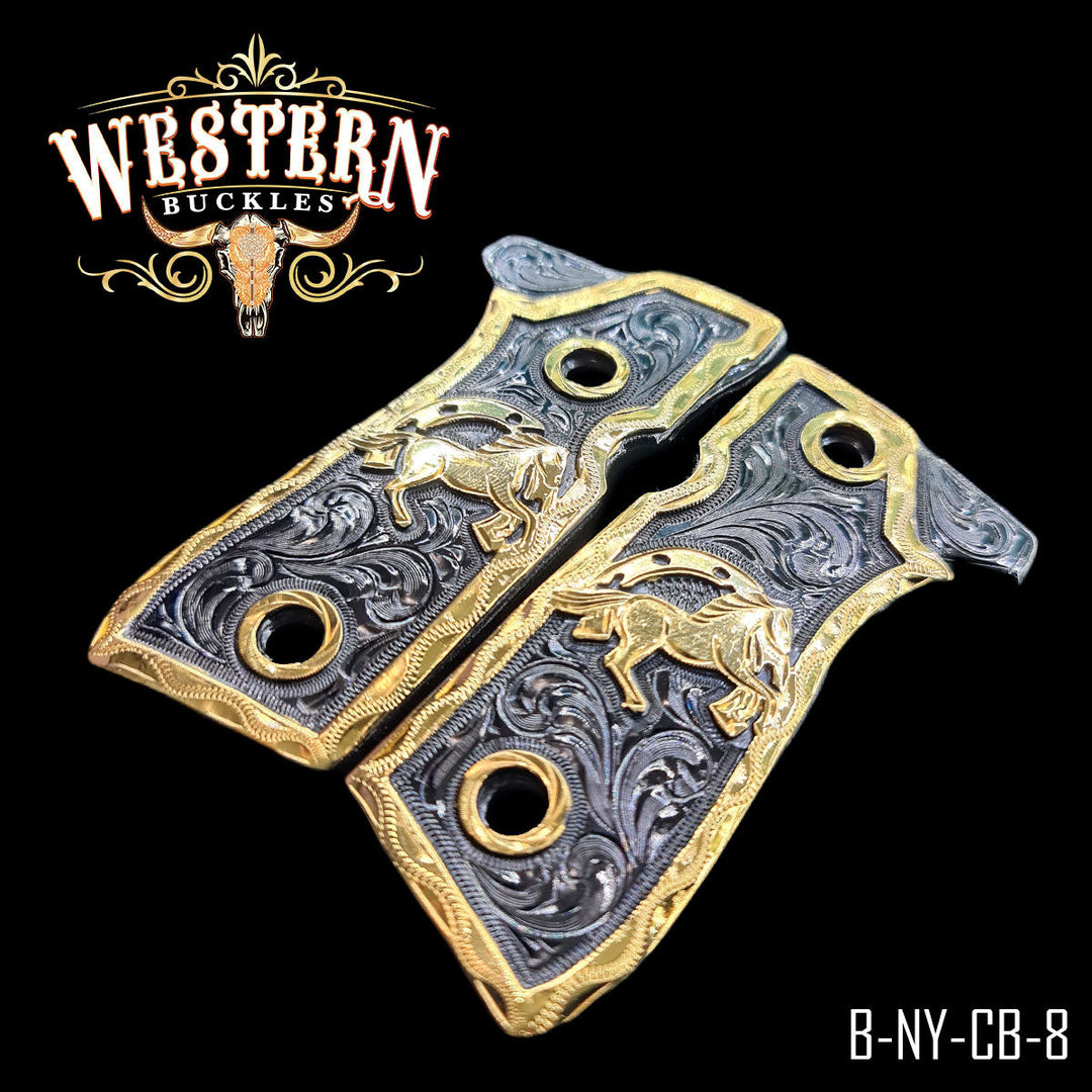 Beretta 92FS Horse Gun Grips — Black Nickel — Detail View | Western Buckles Handcrafted | SKU B-NY-CB-8