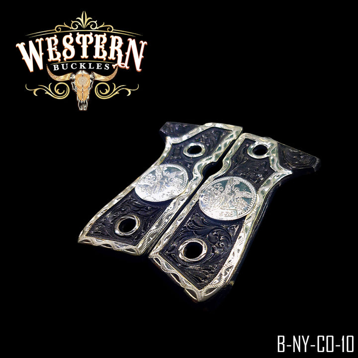 Beretta 92FS Centenario Floral Cachas — Detail View | Western Buckles Handcrafted | SKU B-NY-CO-10