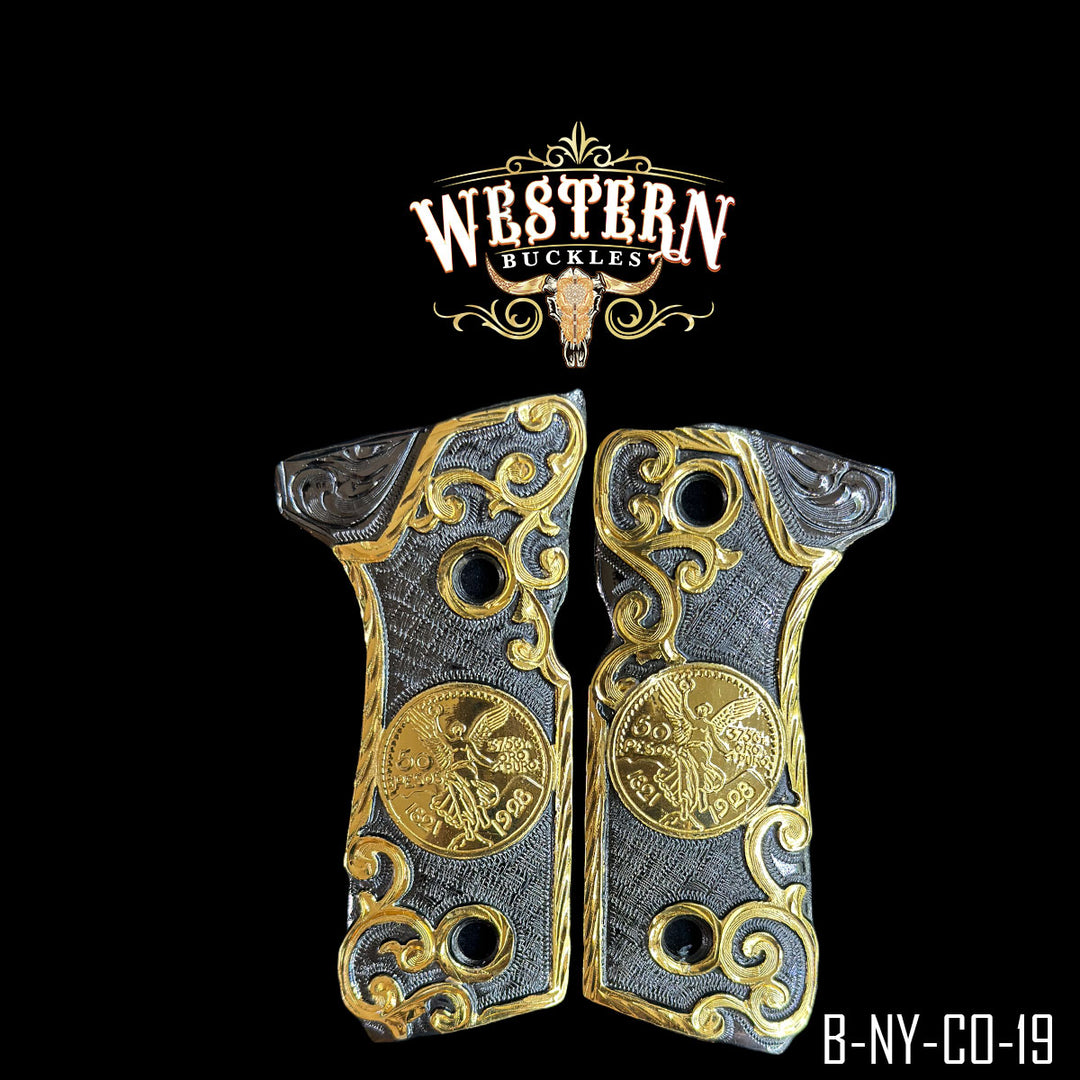 Beretta 92FS Centenario Gun Grips — 24K Gold Plated & Nickel | Handcrafted by Western Buckles | SKU B-NY-CO-19
