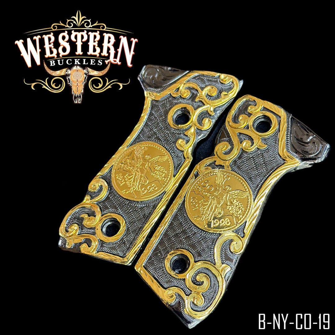 Beretta 92FS Centenario Gun Grips — 24K Gold Plated &amp; Nickel — Detail View | Western Buckles Handcrafted | SKU B-NY-CO-19