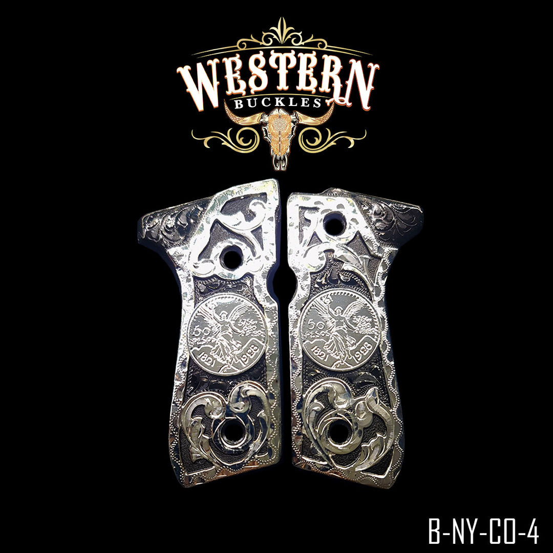 Beretta 92FS Centenario Floral Cachas — .925 Silver Plated & Black Nickel | Handcrafted by Western Buckles | SKU B-NY-CO-4