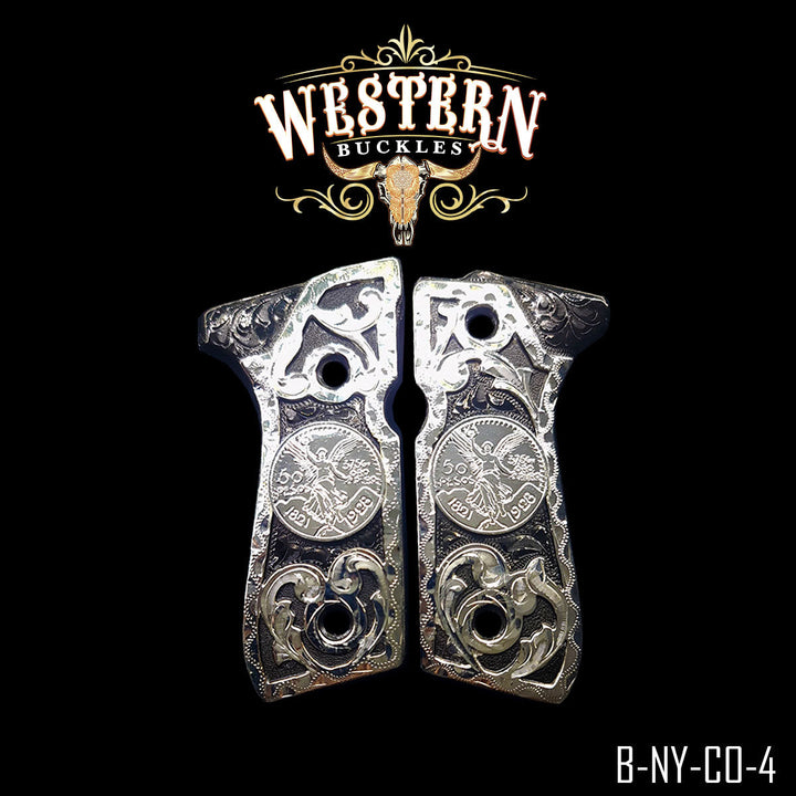 Beretta 92FS Centenario Floral Cachas — .925 Silver Plated &amp; Black Nickel | Handcrafted by Western Buckles | SKU B-NY-CO-4
