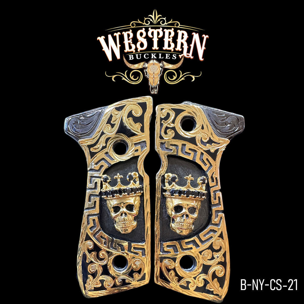 Skull Beretta 92FS Grips · Crowned, Black & Gold Openwork