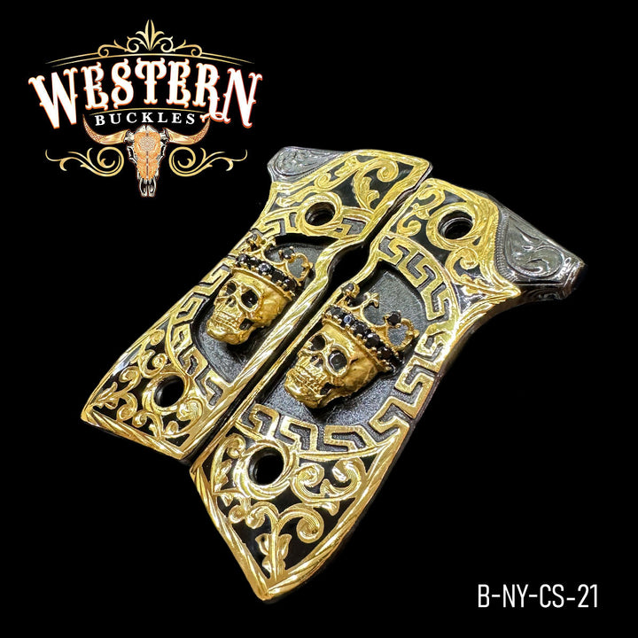 Beretta Skull Cachas — Artisan Resin | 24K Gold Plated &amp; Nickel — Detail View | Western Buckles Handcrafted | SKU B-NY-CS-21