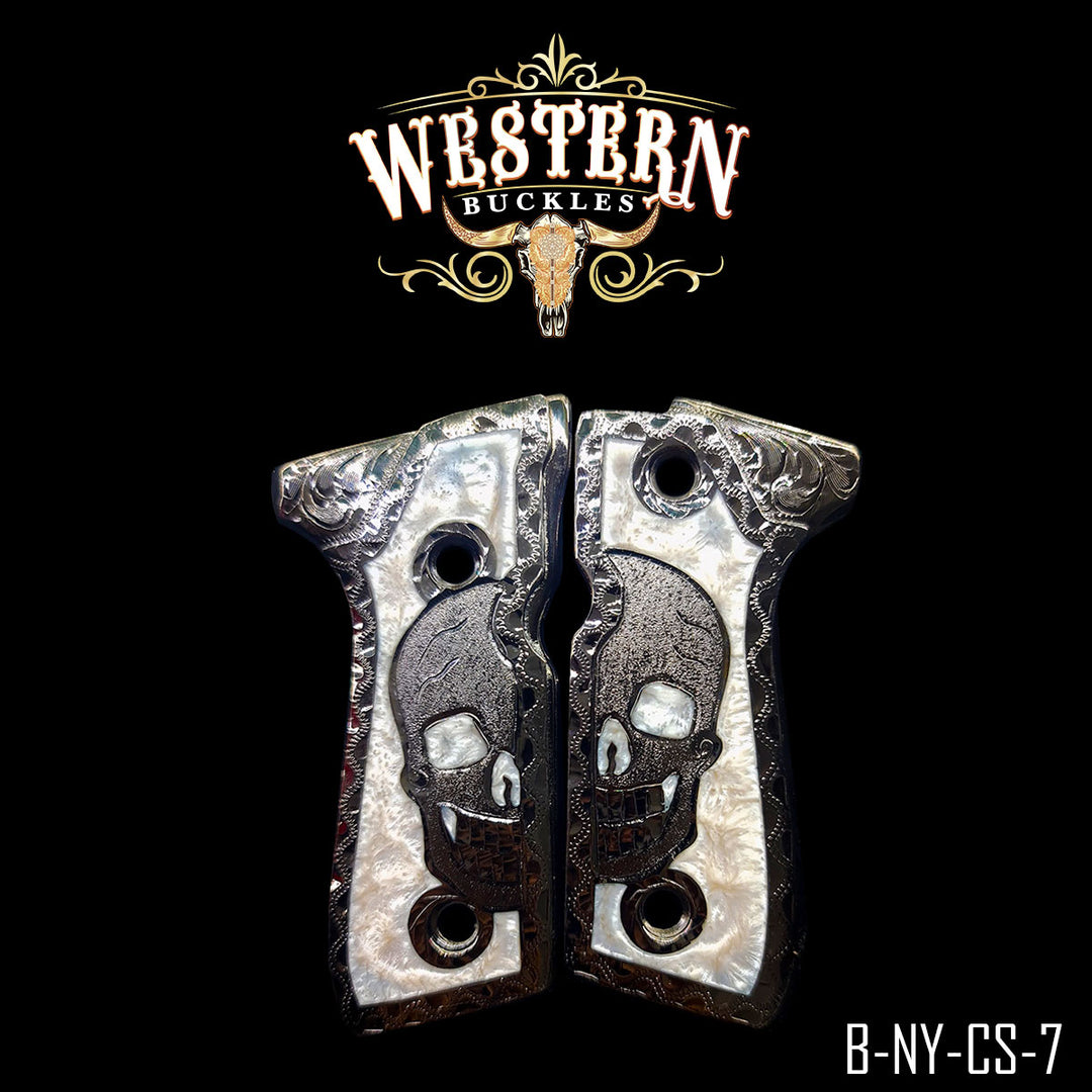 Beretta 92FS Skull Cachas — Artisan Resin | Nickel | Handcrafted by Western Buckles | SKU B-NY-CS-7