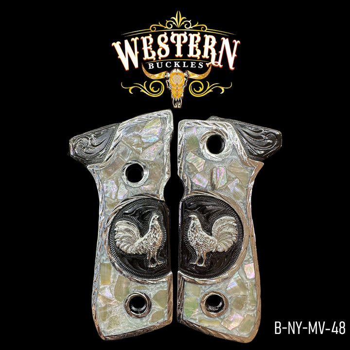 Beretta Rooster Gun Grips — Artisan Resin | .925 Silver Plated | Handcrafted by Western Buckles | SKU B-NY-MV-48