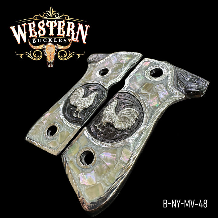 Beretta Rooster Gun Grips — Artisan Resin | .925 Silver Plated — Detail View | Western Buckles Handcrafted | SKU B-NY-MV-48