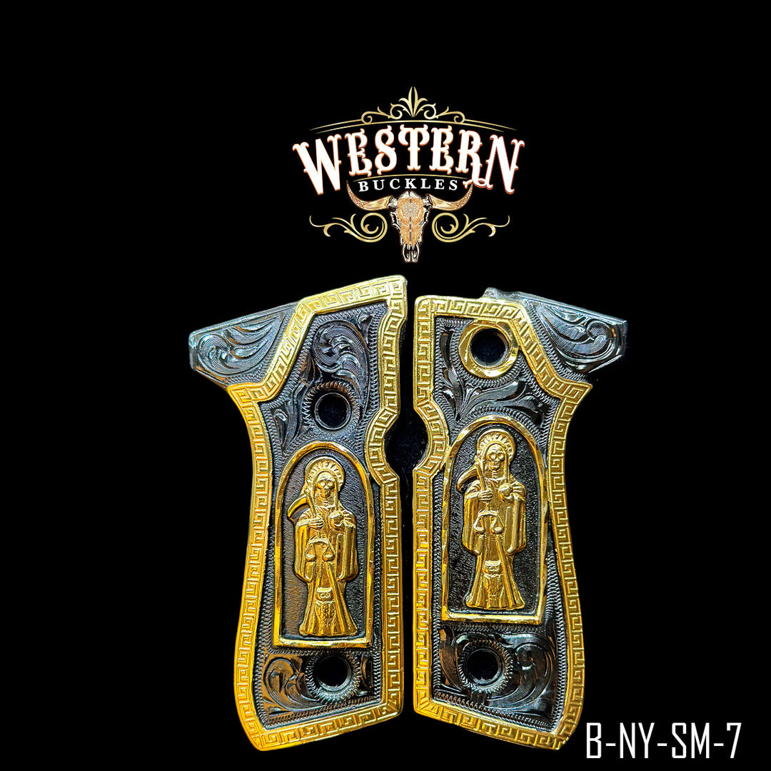 Beretta Santa Muerte Cachas — 24K Gold Plated & Nickel | Handcrafted by Western Buckles | SKU B-NY-SM-7