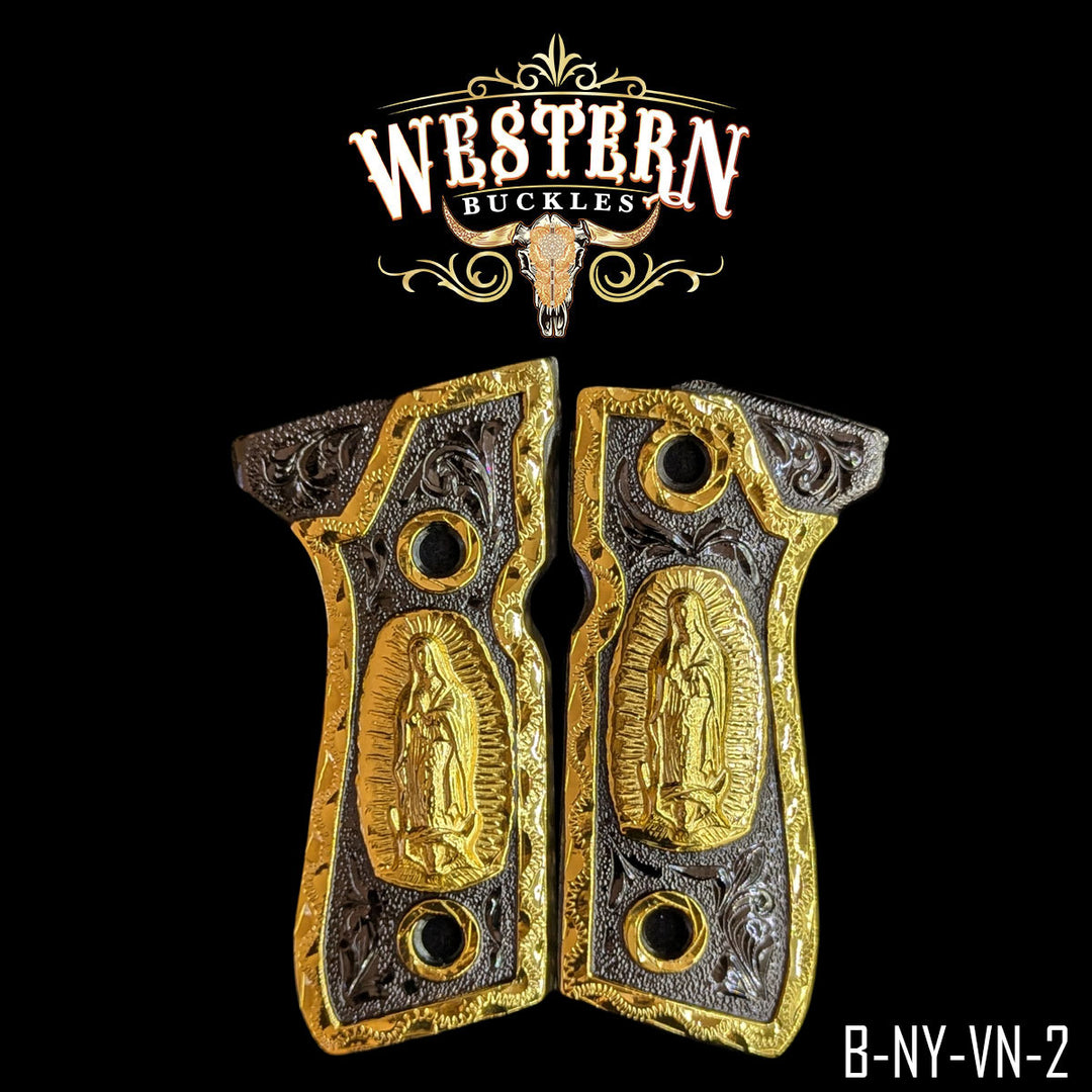 Beretta 92FS Virgin of Guadalupe Gun Grips — 24K Gold Plated & Black Nickel | Handcrafted by Western Buckles | SKU B-NY-VN-2