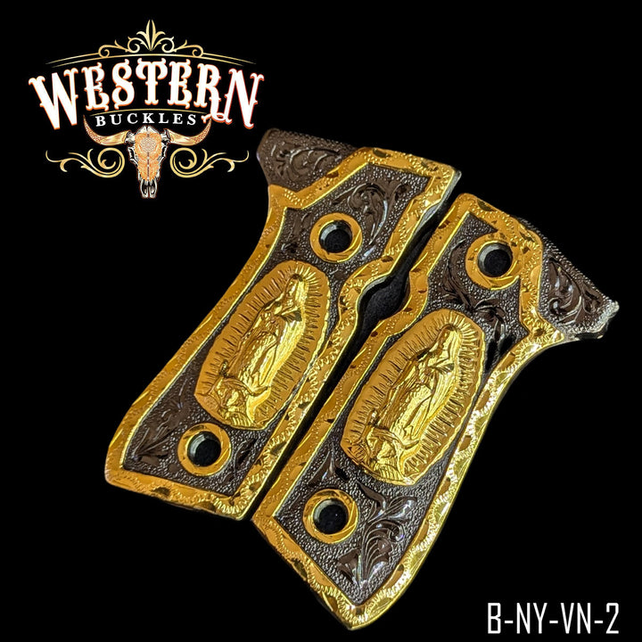 Beretta 92FS Virgin of Guadalupe Gun Grips — 24K Gold Plated &amp; Black Nickel — Detail View | Western Buckles Handcrafted | SKU B-NY-VN-2