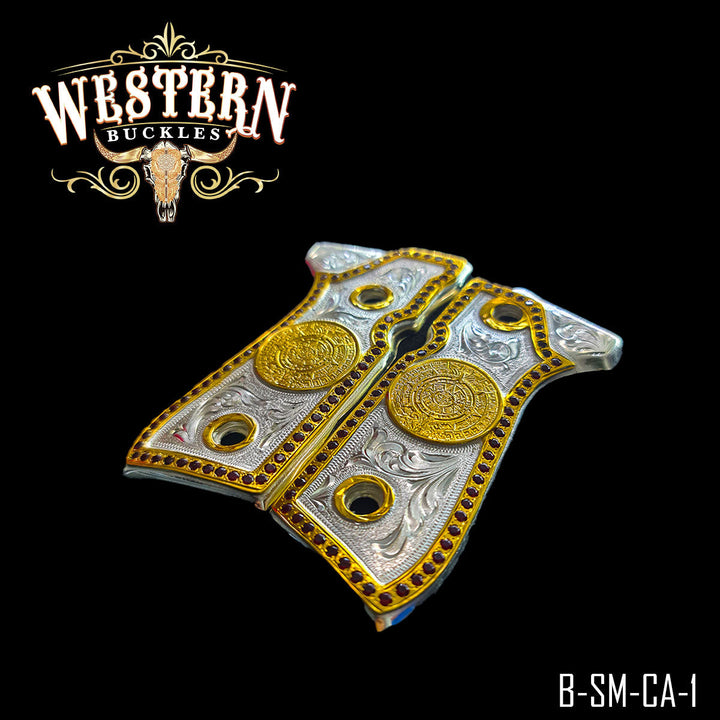 Beretta 92FS Aztec Calendar Gun Grips — Detail View | Western Buckles Handcrafted | SKU B-SM-CA-1
