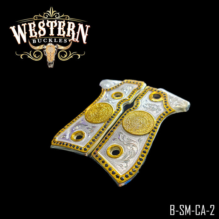 Beretta 92FS Aztec Calendar Gun Grips — Detail View | Western Buckles Handcrafted | SKU B-SM-CA-2