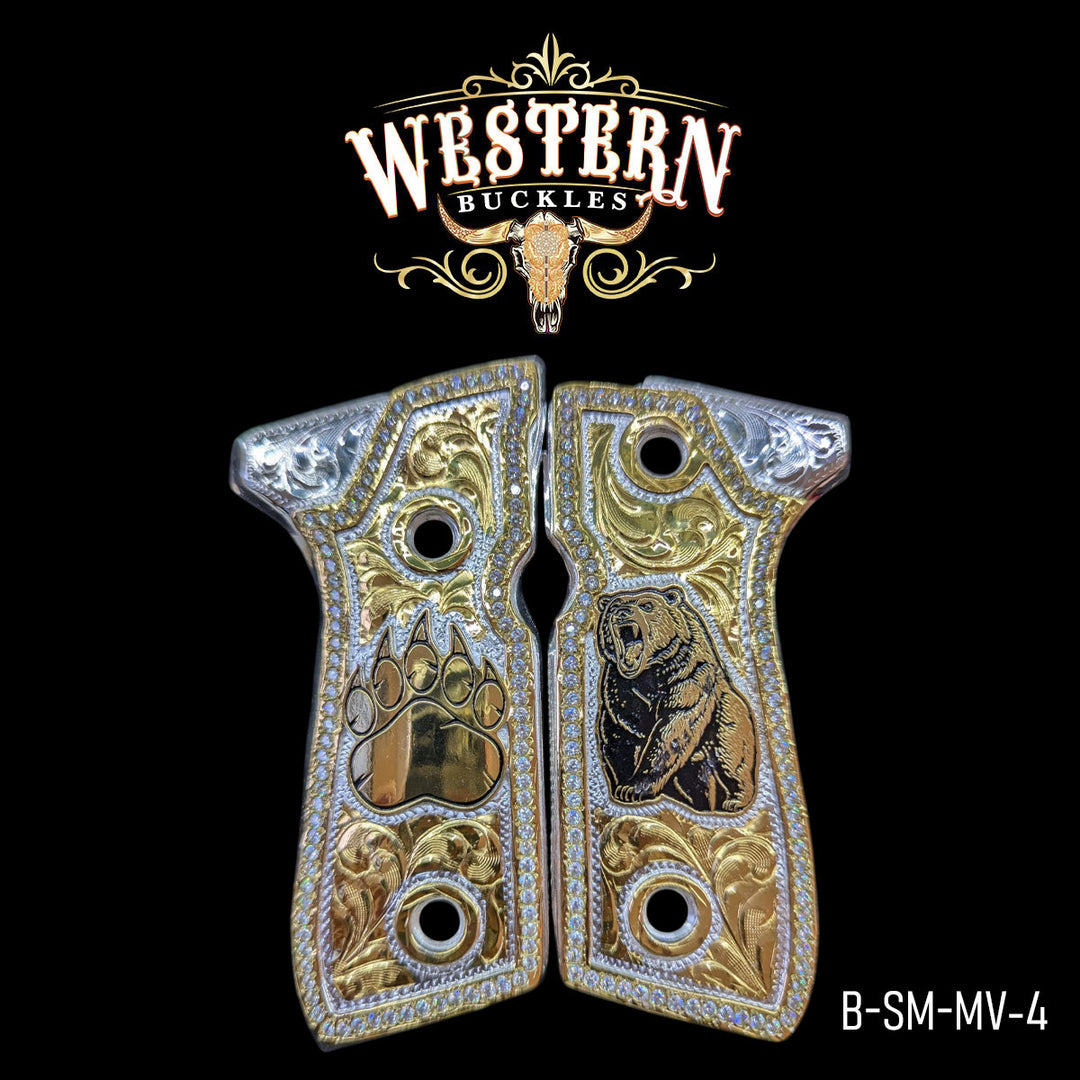 Beretta 92FS Cachas — Hand-Engraved | 24K Gold Plated | Handcrafted by Western Buckles | SKU B-SM-MV-4