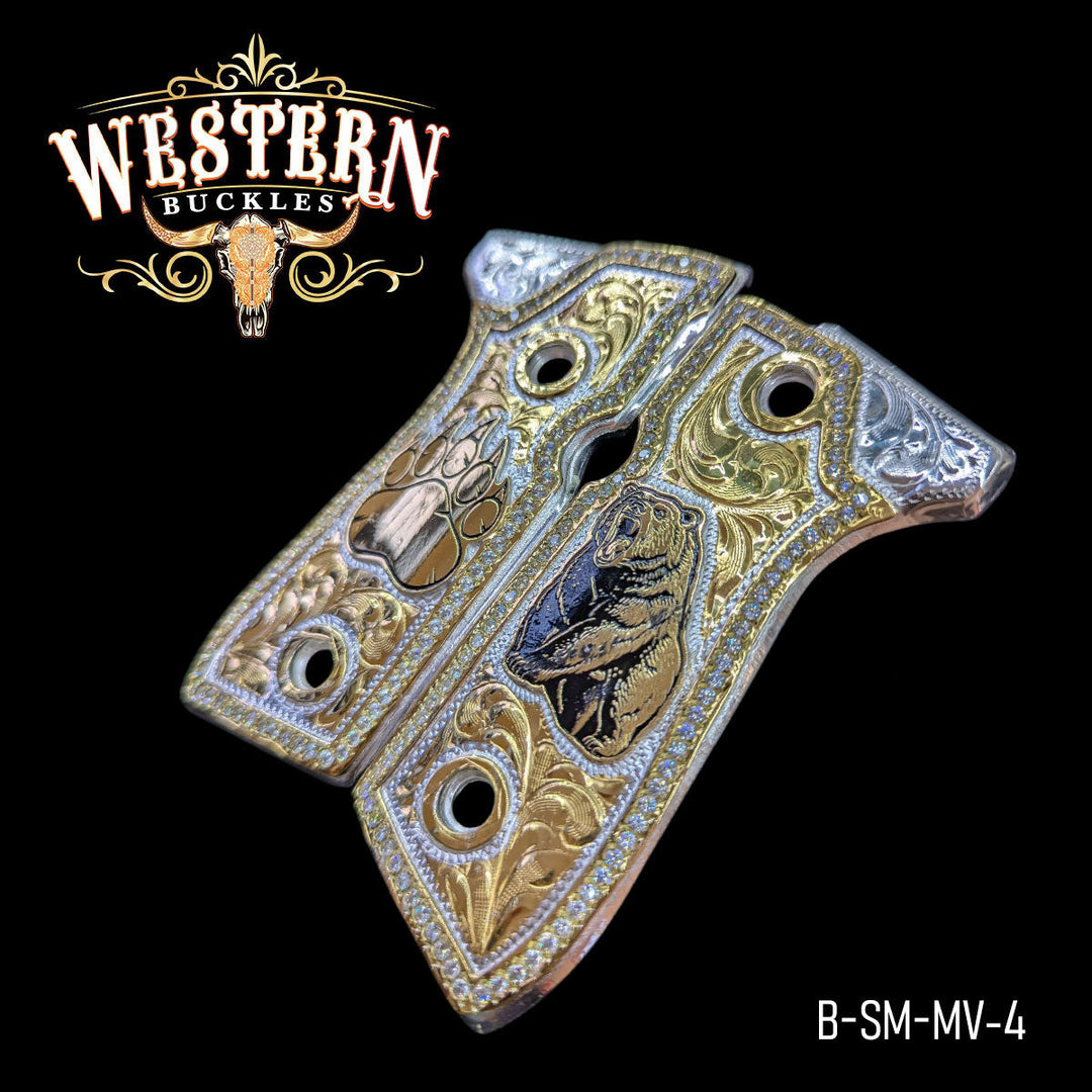 Beretta 92FS Cachas — Hand-Engraved | 24K Gold Plated — Detail View | Western Buckles Handcrafted | SKU B-SM-MV-4