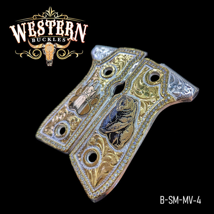 Beretta 92FS Cachas — Hand-Engraved | 24K Gold Plated — Detail View | Western Buckles Handcrafted | SKU B-SM-MV-4