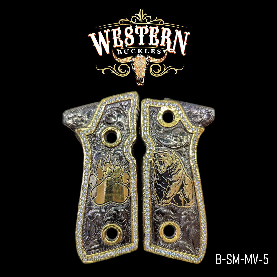 Beretta 92FS Cachas — Hand-Engraved | Black Nickel | Handcrafted by Western Buckles | SKU B-SM-MV-5