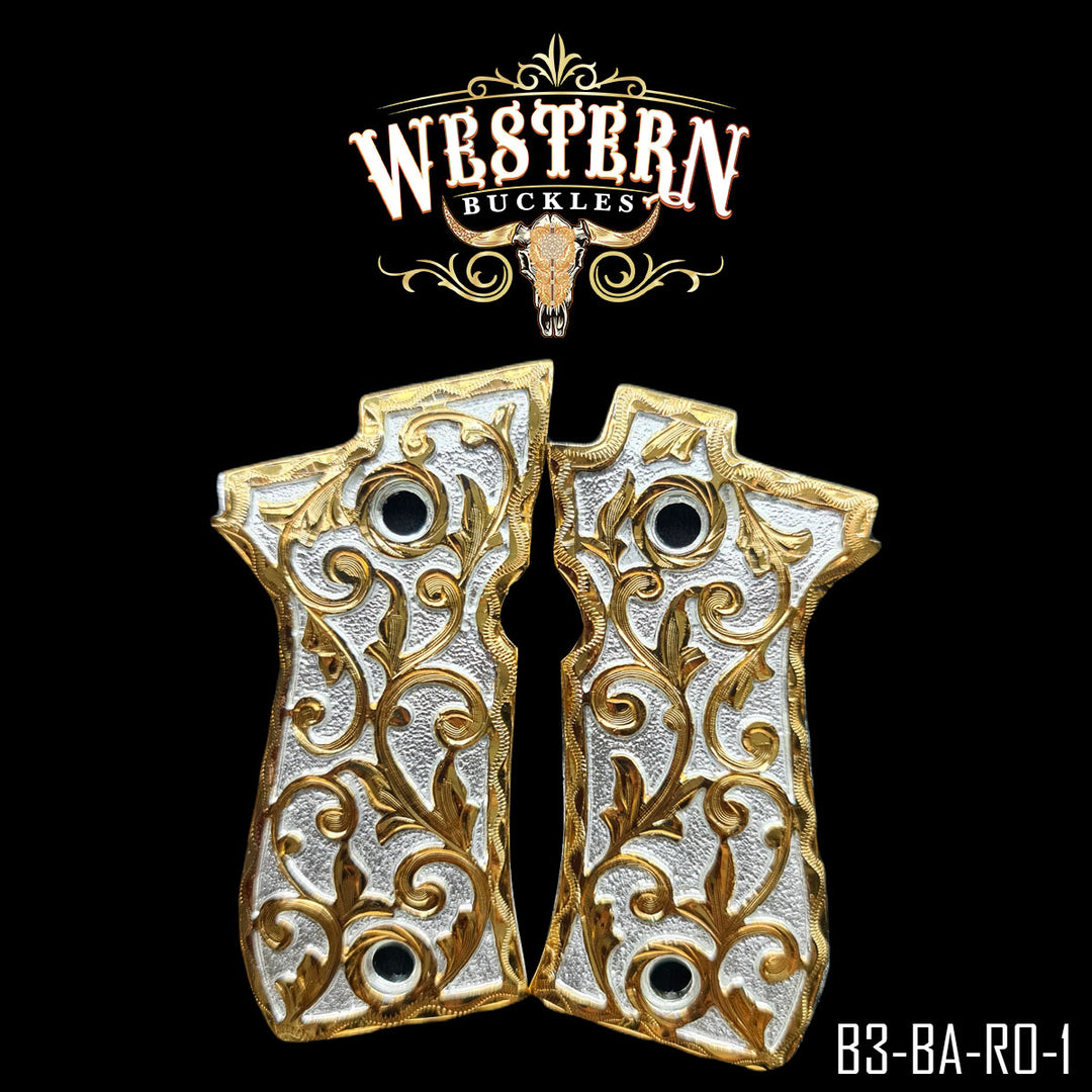 Beretta .380 Gun Grips — Hand-Engraved | 24K Gold Plated | Handcrafted by Western Buckles | SKU B3-BA-RO-1