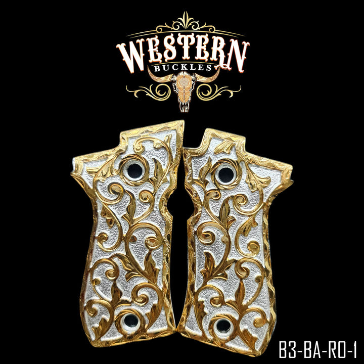 Beretta .380 Gun Grips — Hand-Engraved | 24K Gold Plated | Handcrafted by Western Buckles | SKU B3-BA-RO-1