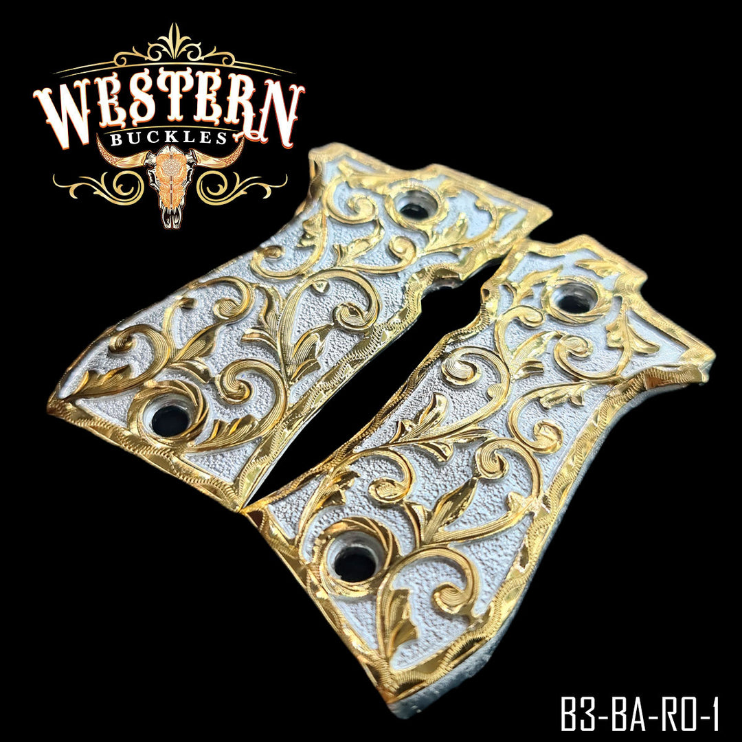 Beretta .380 Gun Grips — Hand-Engraved | 24K Gold Plated — Detail View | Western Buckles Handcrafted | SKU B3-BA-RO-1