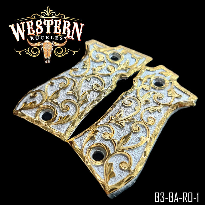 Beretta .380 Gun Grips — Hand-Engraved | 24K Gold Plated — Detail View | Western Buckles Handcrafted | SKU B3-BA-RO-1