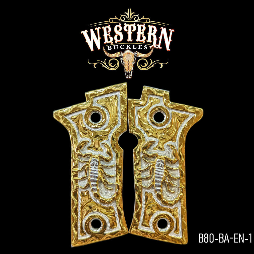 Beretta 80X Scorpion Cachas — 24K Gold Plated | Handcrafted by Western Buckles | SKU B80-BA-EN-1