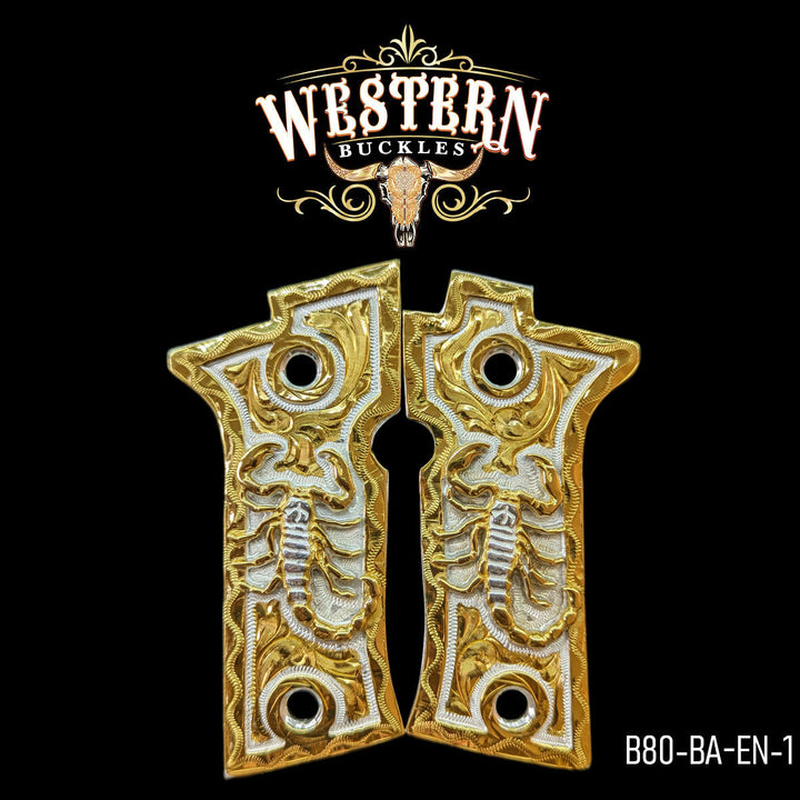 Beretta 80X Scorpion Cachas — 24K Gold Plated | Handcrafted by Western Buckles | SKU B80-BA-EN-1