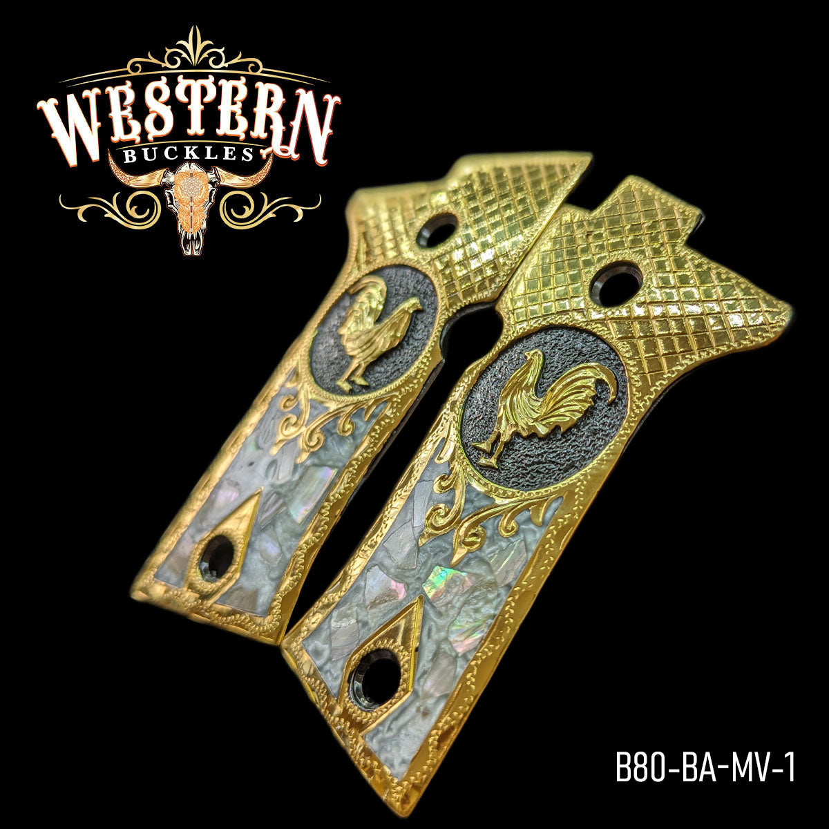 Gold Colt 1911 pistol grips with rooster design and pearl inlay, Western style.