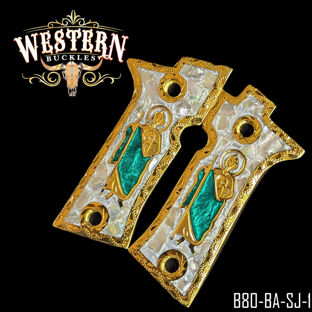 Beretta 80X San Judas Cachas — 24K Gold Plated &amp; .925 Silver Plated — Detail View | Western Buckles Handcrafted | SKU B80-BA-SJ-1