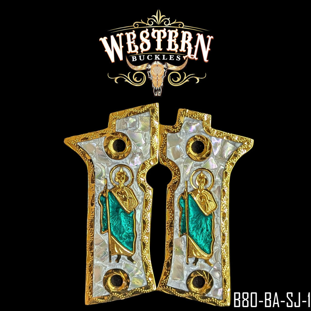 ★US❃Vintage✵貴重★ゴブレット San Judas Beretta 80X Grips · Green Resin & Pearl, Gold – Western