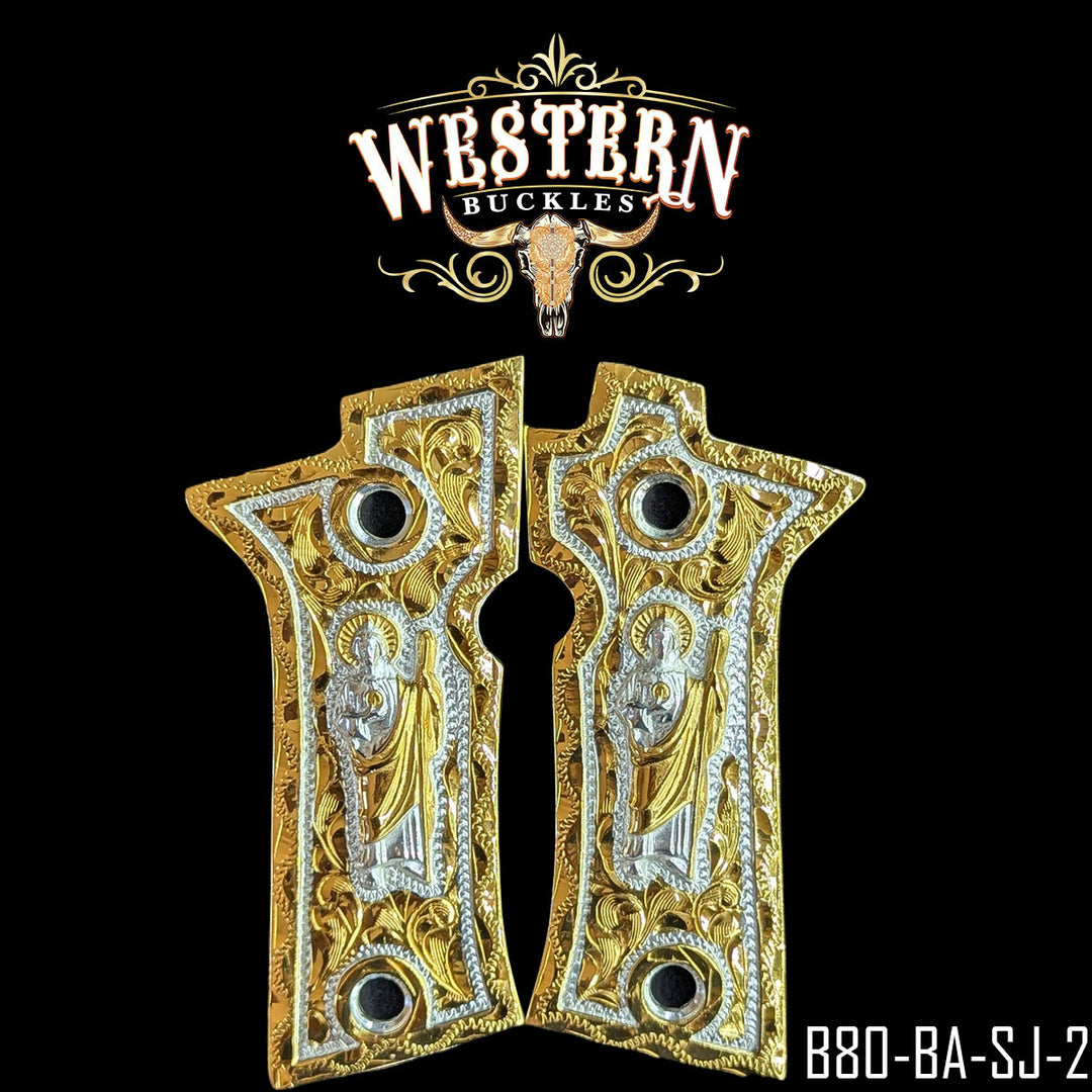 Beretta 80X San Judas Cachas — 24K Gold Plated & .925 Silver Plated | Handcrafted by Western Buckles | SKU B80-BA-SJ-2