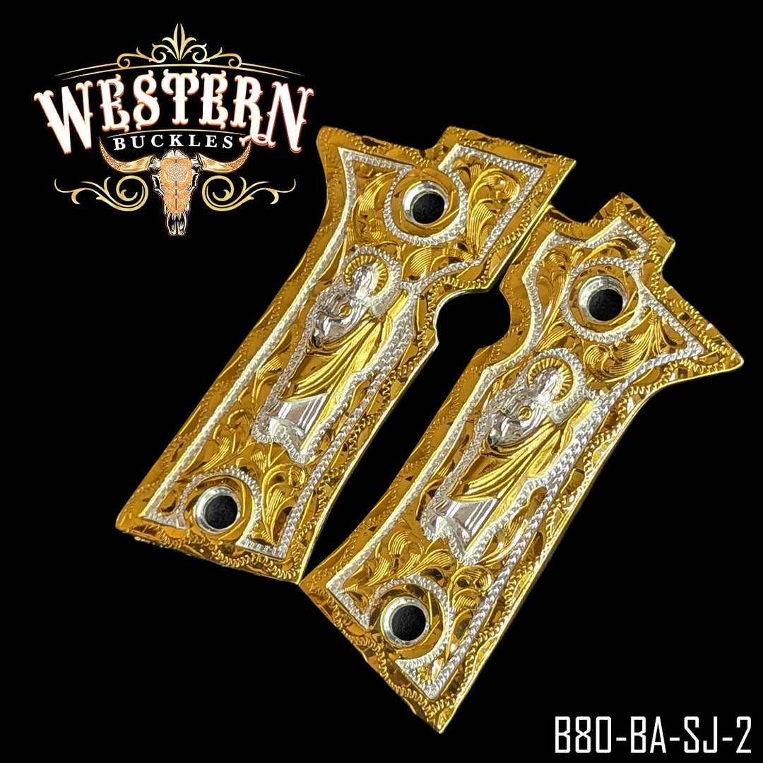 Beretta 80X San Judas Cachas — 24K Gold Plated &amp; .925 Silver Plated — Detail View | Western Buckles Handcrafted | SKU B80-BA-SJ-2