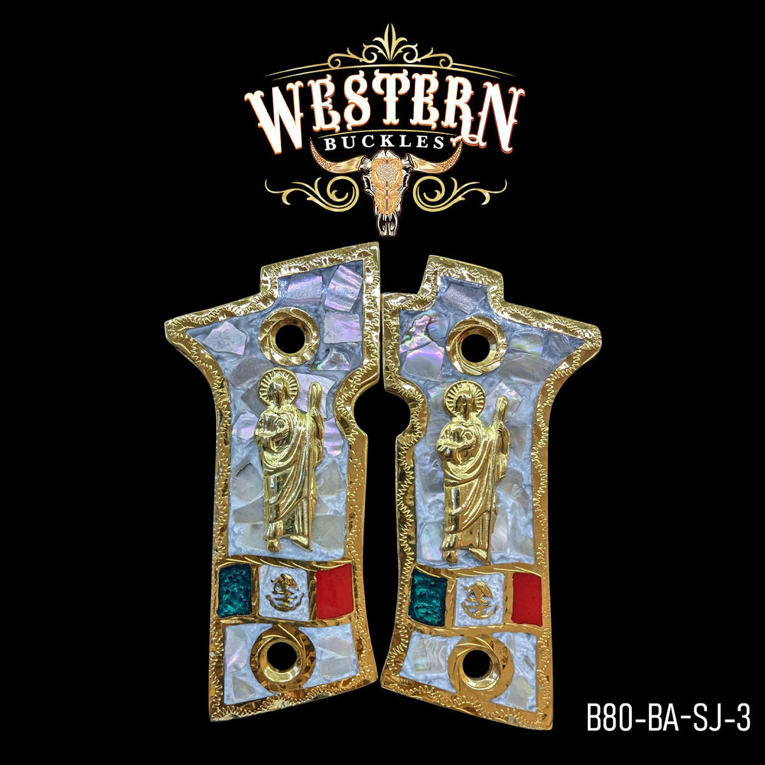 Beretta 80X Saint Jude Gun Grips — Artisan Resin | 24K Gold Plated | Handcrafted by Western Buckles | SKU B80-BA-SJ-3