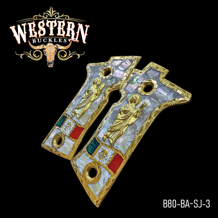 Beretta 80X Saint Jude Gun Grips — Artisan Resin | 24K Gold Plated — Detail View | Western Buckles Handcrafted | SKU B80-BA-SJ-3