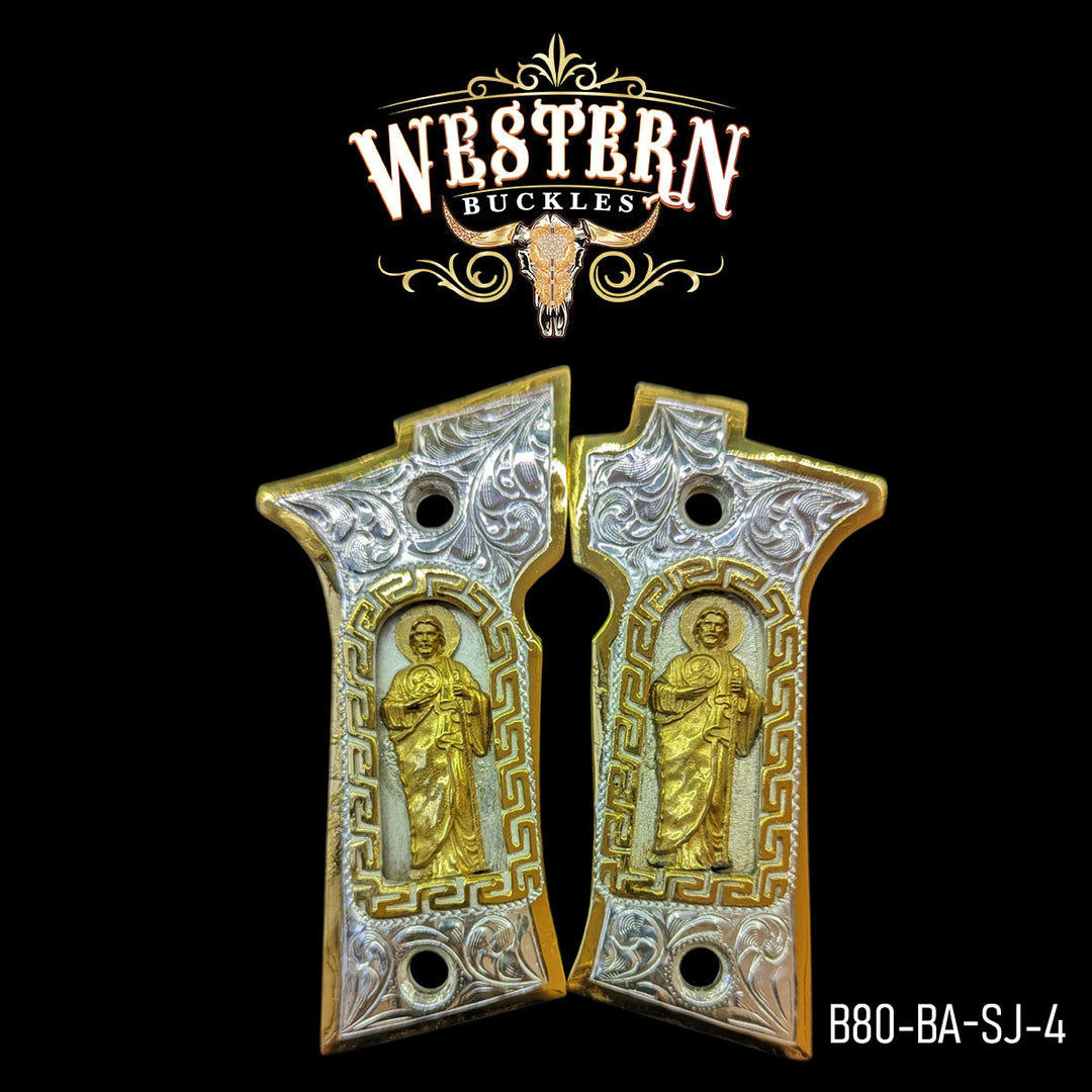 Beretta 80X San Judas Gun Grips — 24K Gold Plated & .925 Silver Plated | Handcrafted by Western Buckles | SKU B80-BA-SJ-4