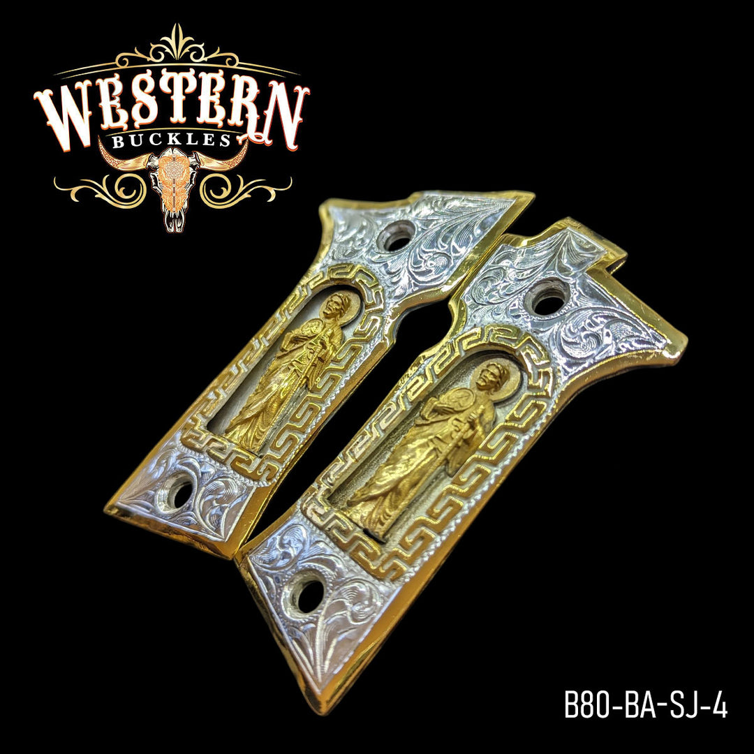 Beretta 80X San Judas Gun Grips — 24K Gold Plated &amp; .925 Silver Plated — Detail View | Western Buckles Handcrafted | SKU B80-BA-SJ-4