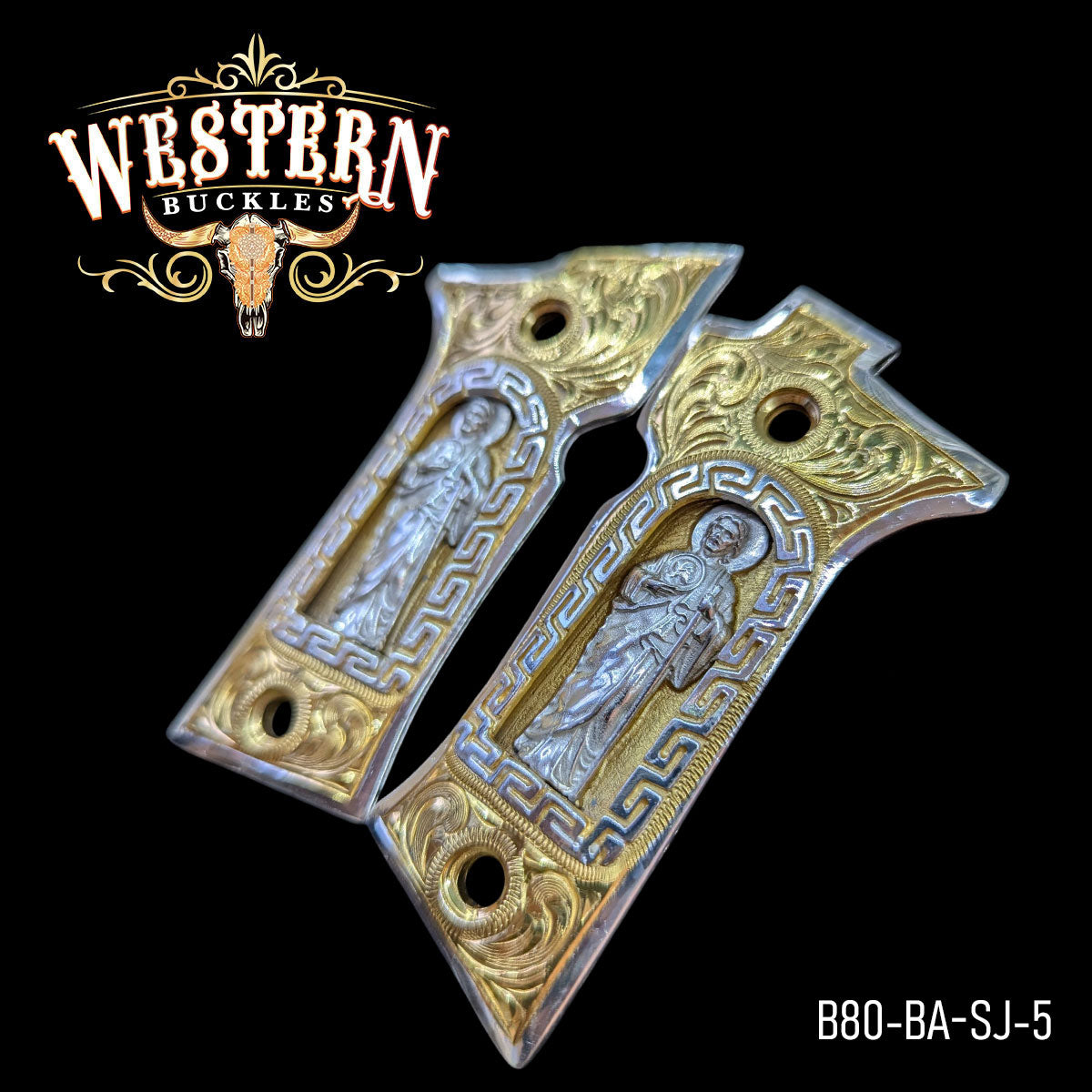 San Judas Beretta 80X Grips · Scrollwork & Two-Tone – Western