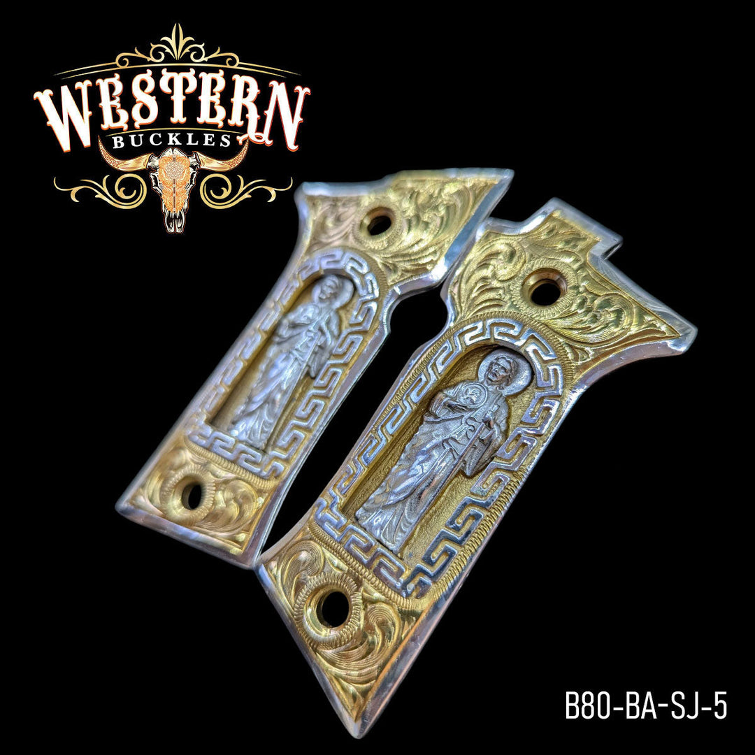 Beretta 80X San Judas Cachas — Hand-Engraved | .925 Silver Plated — Detail View | Western Buckles Handcrafted | SKU B80-BA-SJ-5