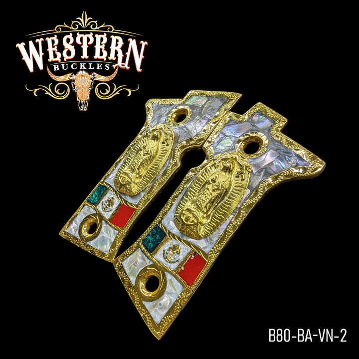 Beretta 80X Virgin of Guadalupe Gun Grips — Artisan Resin | 24K Gold Plated — Detail View | Western Buckles Handcrafted | SKU B80-BA-VN-2