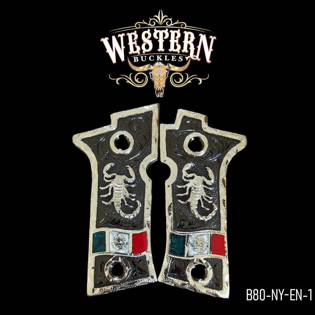 Beretta 80X Scorpion Cachas — Hand-Engraved | .925 Silver Plated &amp; Nickel | Handcrafted by Western Buckles | SKU B80-NY-EN-1