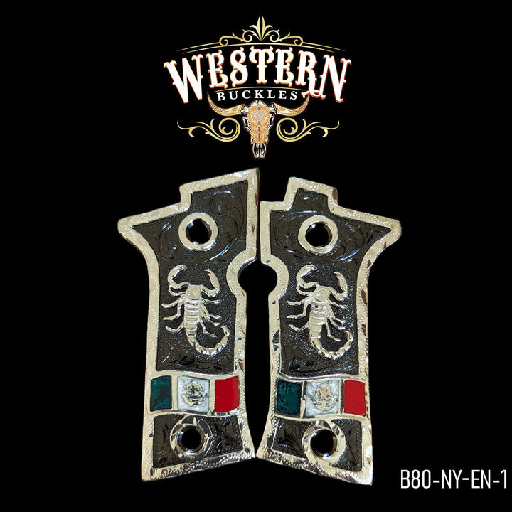 Beretta 80X Scorpion Cachas — Hand-Engraved | .925 Silver Plated &amp; Nickel | Handcrafted by Western Buckles | SKU B80-NY-EN-1