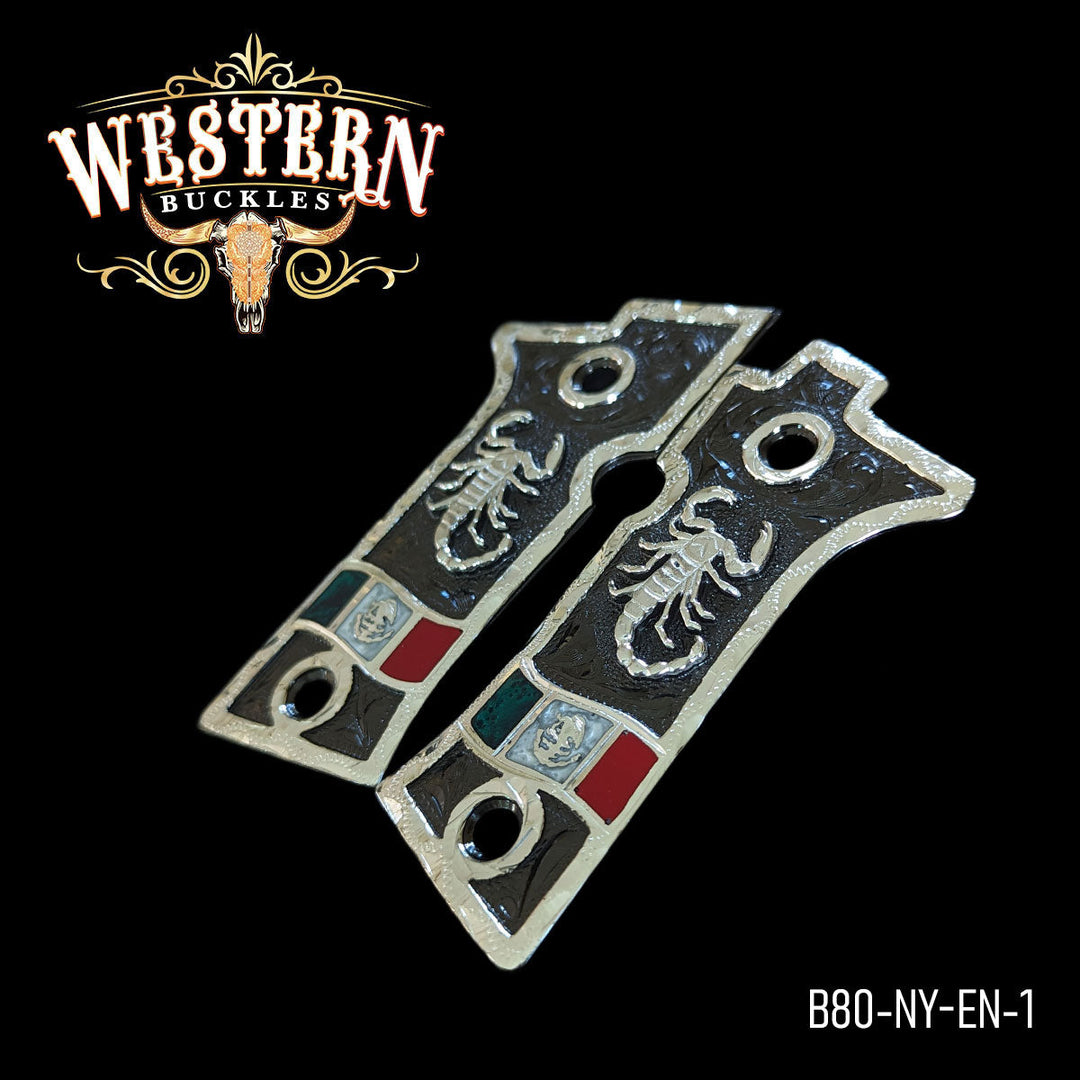 Beretta 80X Scorpion Cachas — Hand-Engraved | .925 Silver Plated &amp; Nickel — Detail View | Western Buckles Handcrafted | SKU B80-NY-EN-1