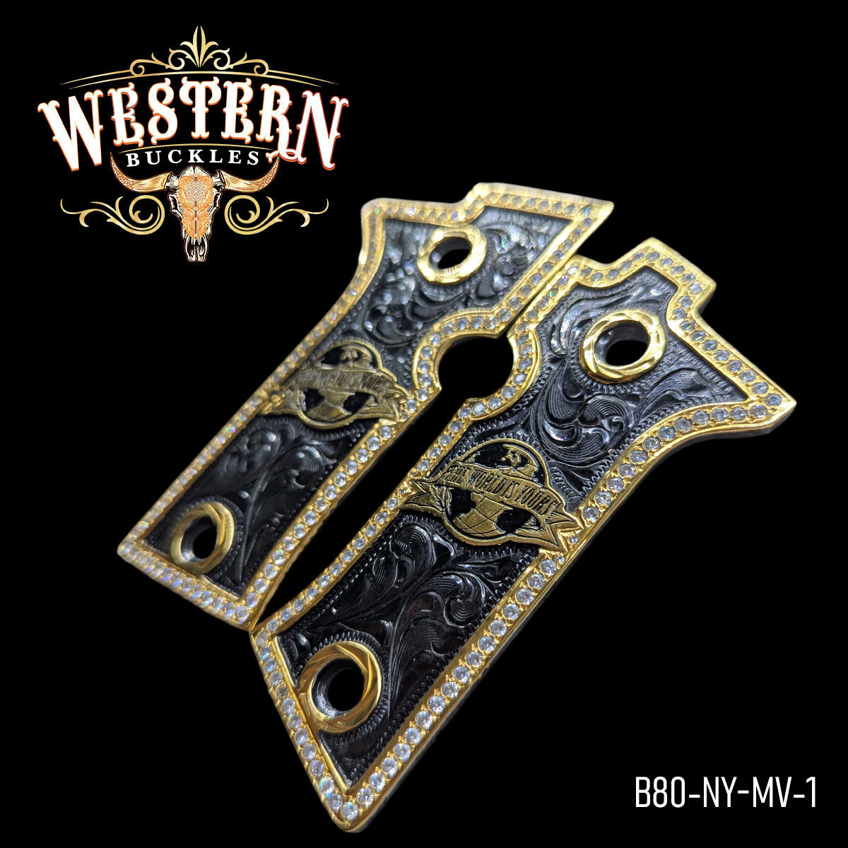 Cacha Beretta 80X El mundo es Tuyo Rameado Niquel y Oro