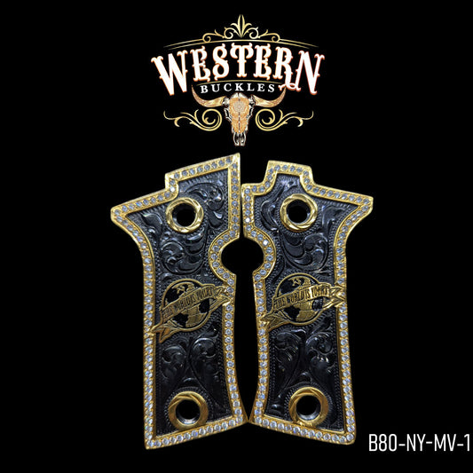 Cacha Beretta 80X El mundo es Tuyo Rameado Niquel y Oro