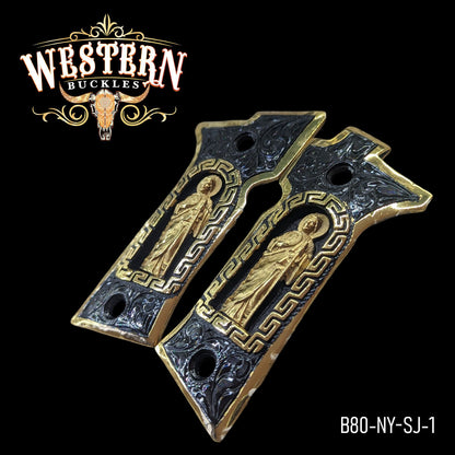 Cachas San Judas 1 para Beretta 80X (Cheetah) en oro 24k y niquel negro – Hechas a mano