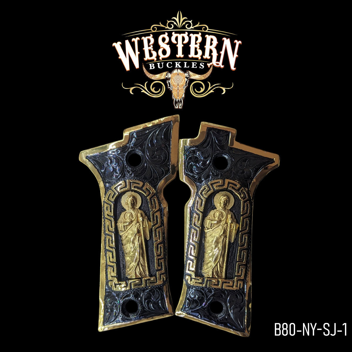 Cachas San Judas 1 para Beretta 80X (Cheetah) en oro 24k y niquel negro – Hechas a mano