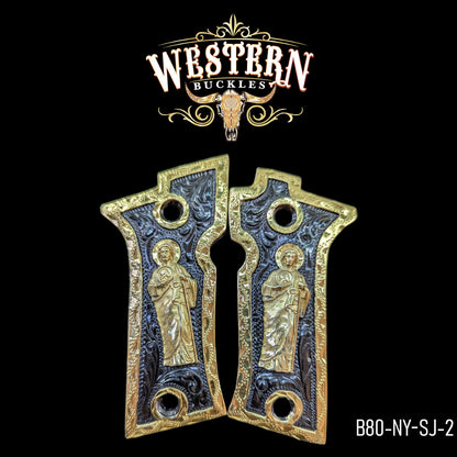 Cachas San Judas 1 para Beretta 80X (Cheetah) en oro 24k y niquel negro – Hechas a mano